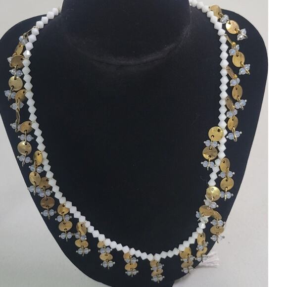 Serefina Anthropologie Necklace Beaded Stones Gold & White Adjustable NWOT - Picture 2 of 6